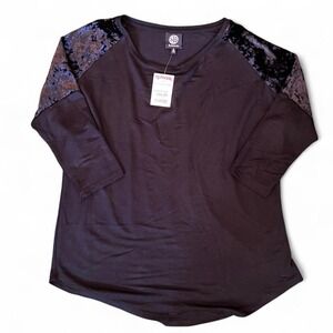 Bobeau black 3/4 sleeve top shirt with velvet shoulder panels womens size S NWT‎